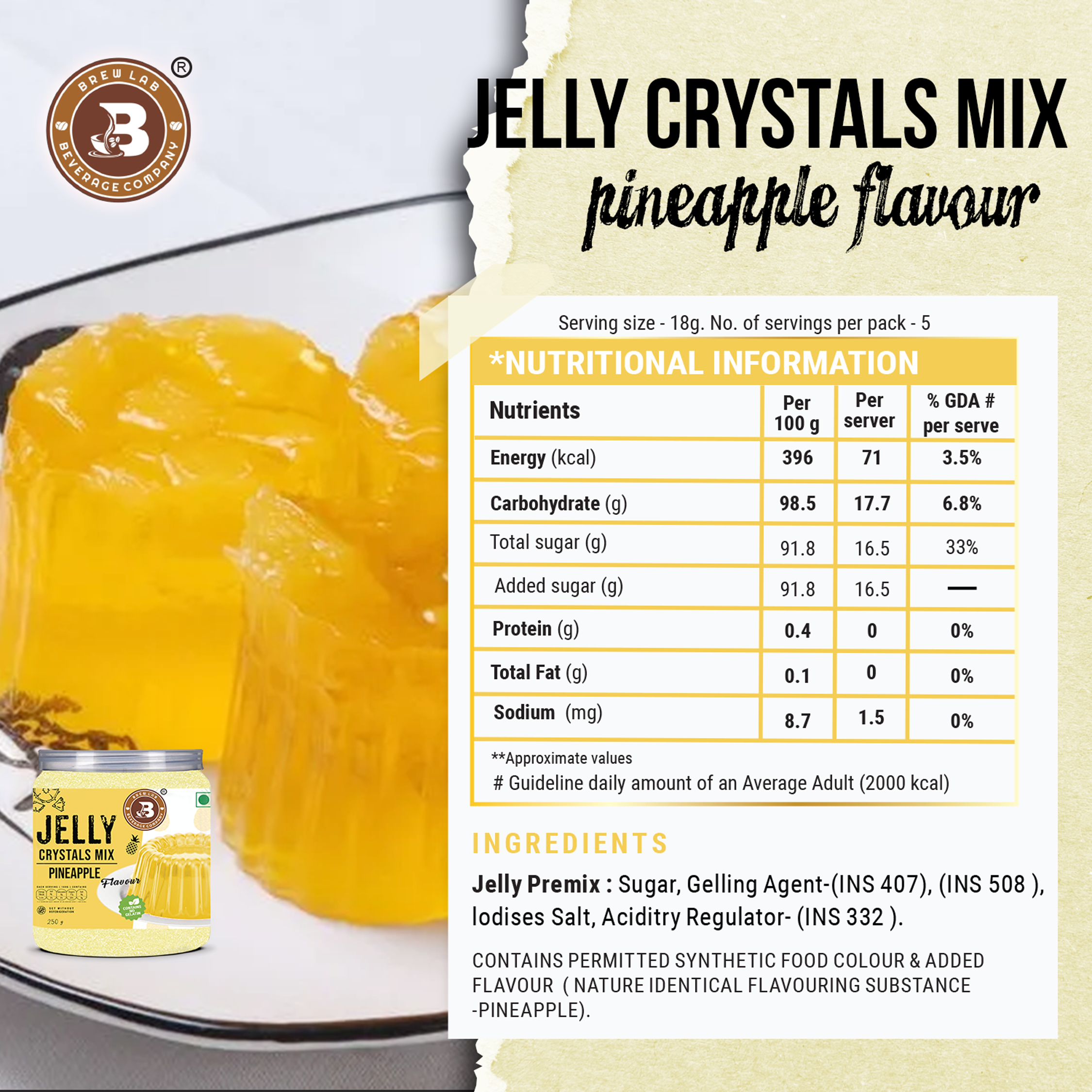 Brew Lab Jelly Crystals Mix Powder For Making Jelly - Pineapple Flavor | Easy To Make | Ready To Eat | No Gelatin - 100 Gm