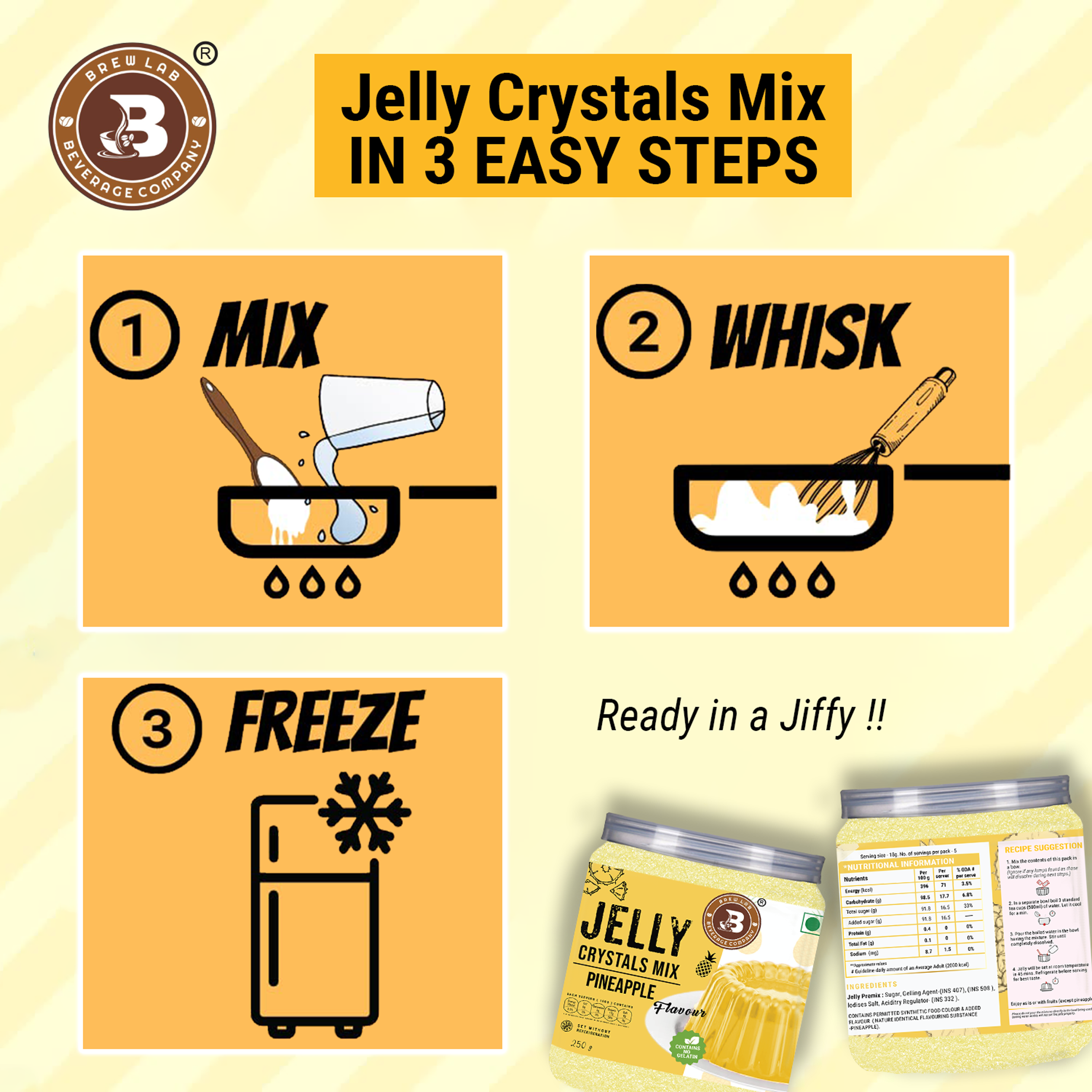 Brew Lab Jelly Crystals Mix Powder For Making Jelly - Pineapple Flavor | Easy To Make | Ready To Eat | No Gelatin - 100 Gm