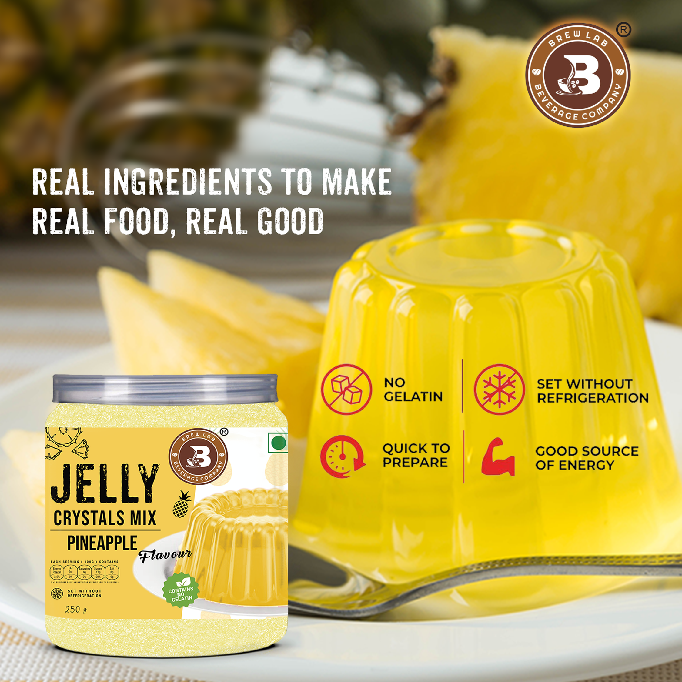 Brew Lab Jelly Crystals Mix Powder For Making Jelly - Pineapple Flavor | Easy To Make | Ready To Eat | No Gelatin - 100 Gm