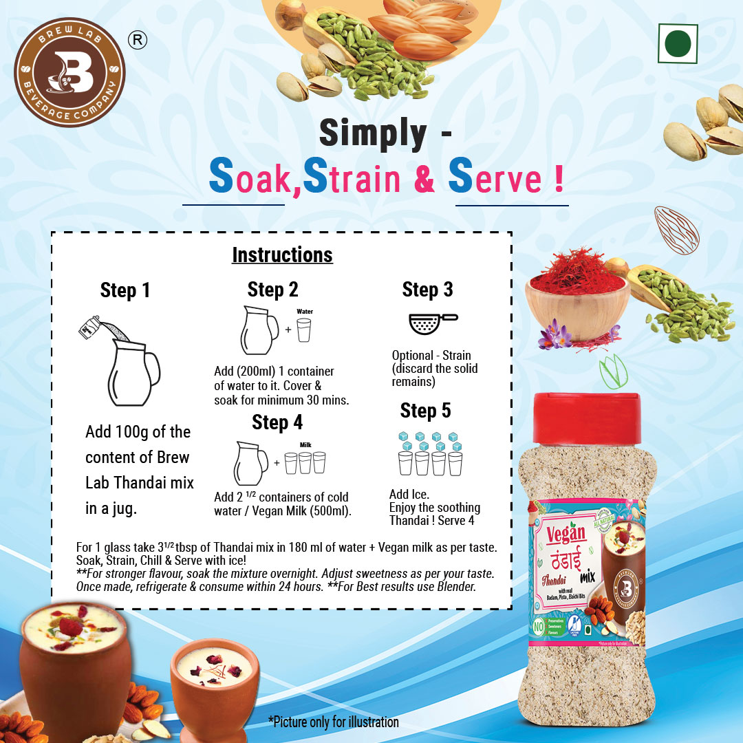 Brew Lab Vegan Thandai Drink Mix with Badam, Kesar and Elaichi | 100% Plant Based, Gluten Free, Lactose Free, Dairy Free | No Added Preservatives 250 gm
