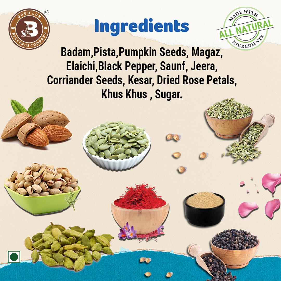 Brew Lab Vegan Thandai Drink Mix with Badam, Kesar and Elaichi | 100% Plant Based, Gluten Free, Lactose Free, Dairy Free | No Added Preservatives 250 gm