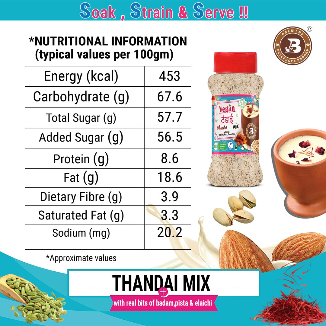 Brew Lab Vegan Thandai Drink Mix with Badam, Kesar and Elaichi | 100% Plant Based, Gluten Free, Lactose Free, Dairy Free | No Added Preservatives 250 gm