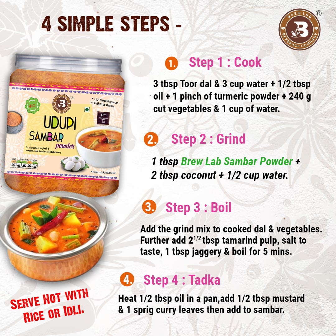 Brew Lab South Indian Udupi Sambar Masala | Authentic, mouth watering South Indian Spice | Pure Spice Mix for Daily Cooking-100 gm