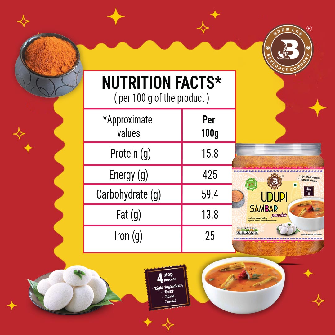 Brew Lab South Indian Udupi Sambar Masala | Authentic, mouth watering South Indian Spice | Pure Spice Mix for Daily Cooking-100 gm
