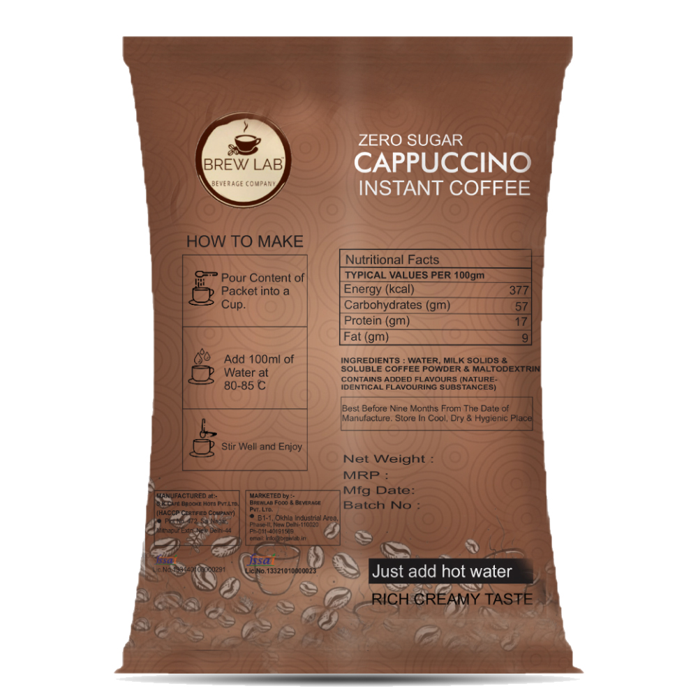 Brew Lab instant Cappuccino Coffee Premix with Zero Sugar| 3 Steps Preparations- No Equipment 250g Instant Coffee (250 g)