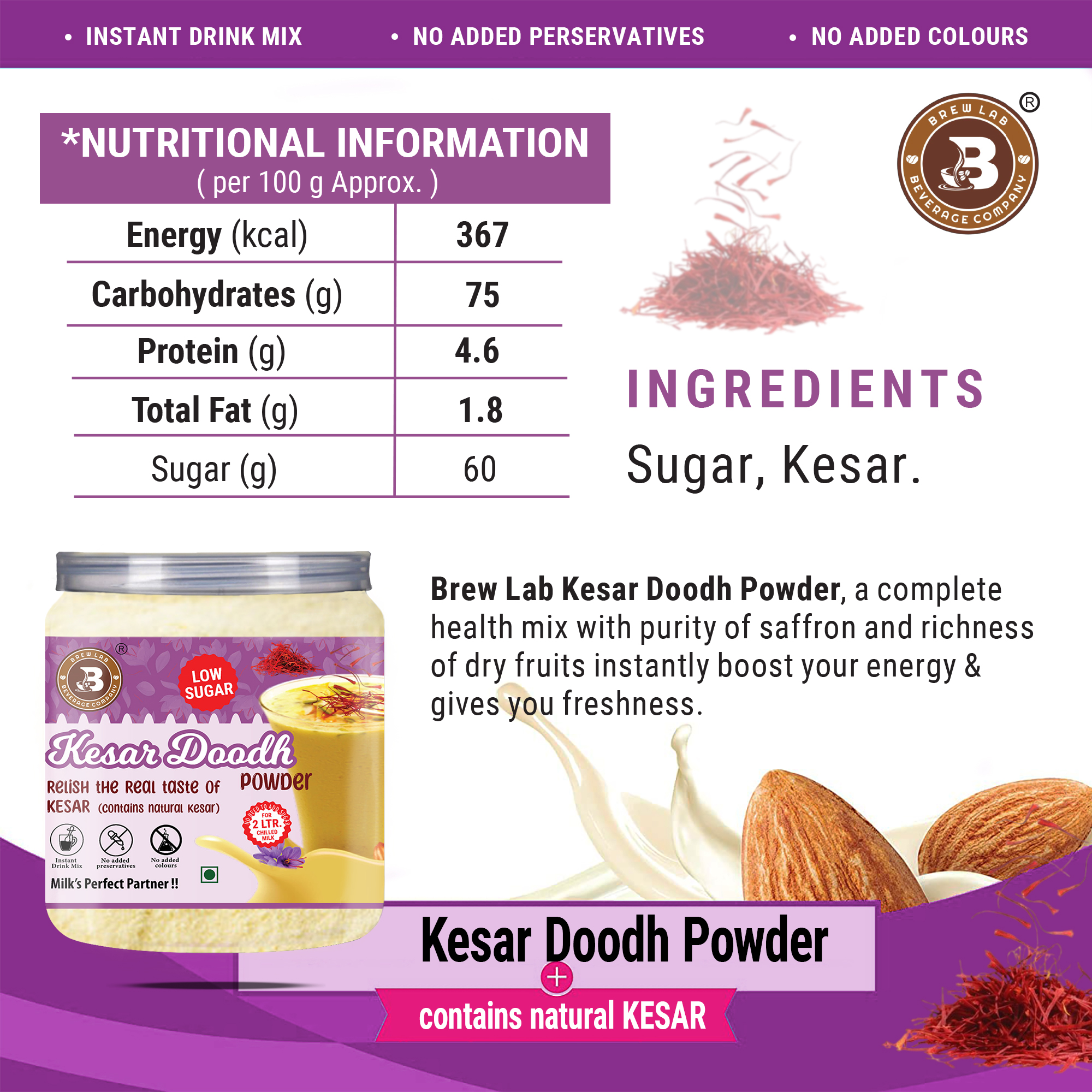Brew Lab Kesar Doodh Low Sugar | Milk Perfect Partner Real Taste of Kesar | (100 gm)