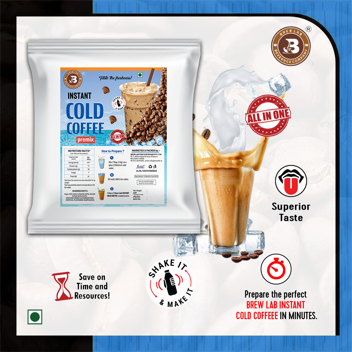 Brew Lab Instant Cold Coffee Premix | Natural Instant Cold Coffee Premix Instant Coffee (100 g, Pure Flavoured)