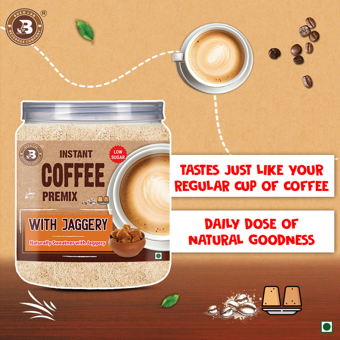 Brew Lab Instant Coffee Premix Low Sugar With Jaggery | Naturally Sweatner With Jaggery | Instant Coffee (100 g)