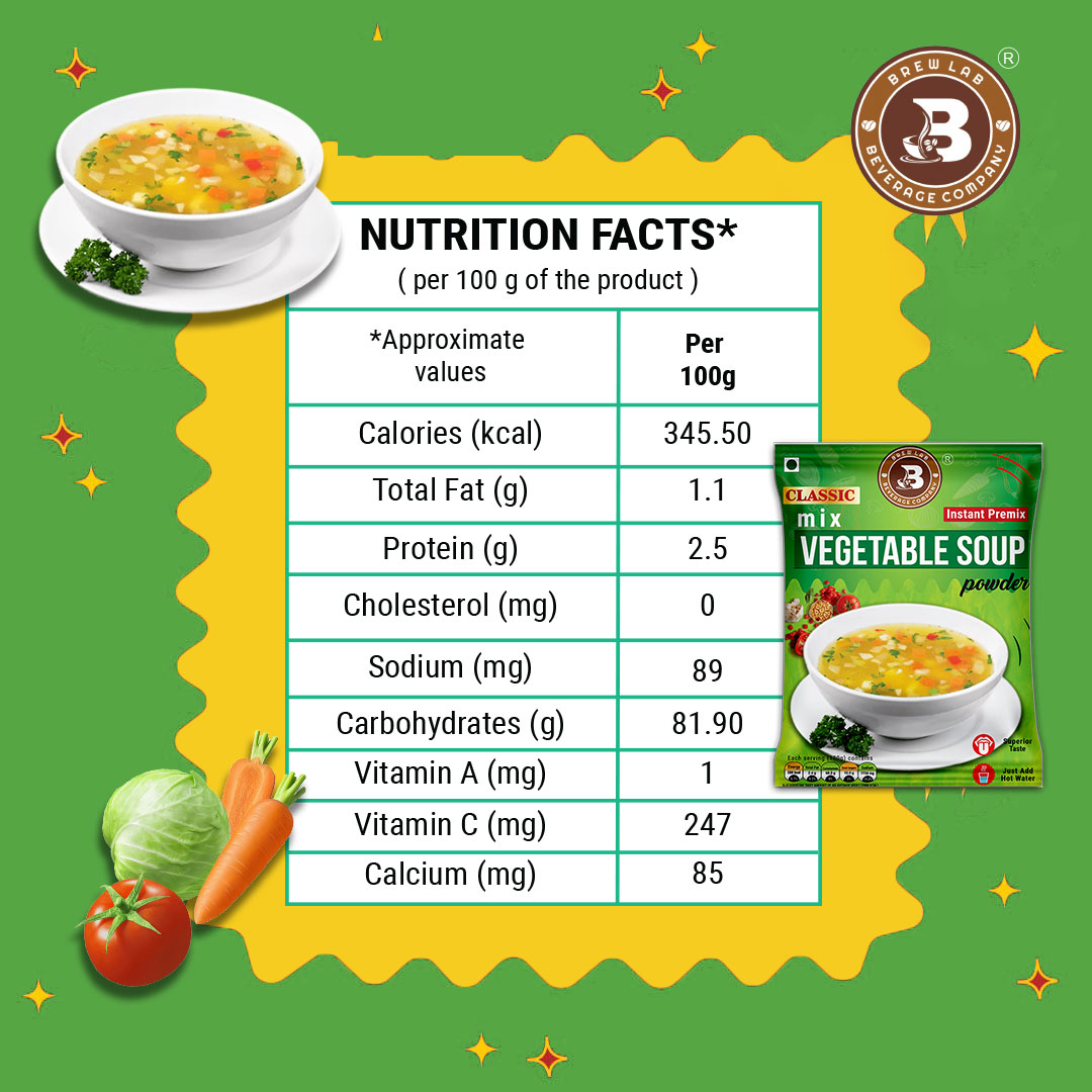 Brew Lab Classic Mix Vegetable Soup Powder | Rich Source of Fluids | Suitable For Vending Machines | Healthy & Tasty | (250gm)