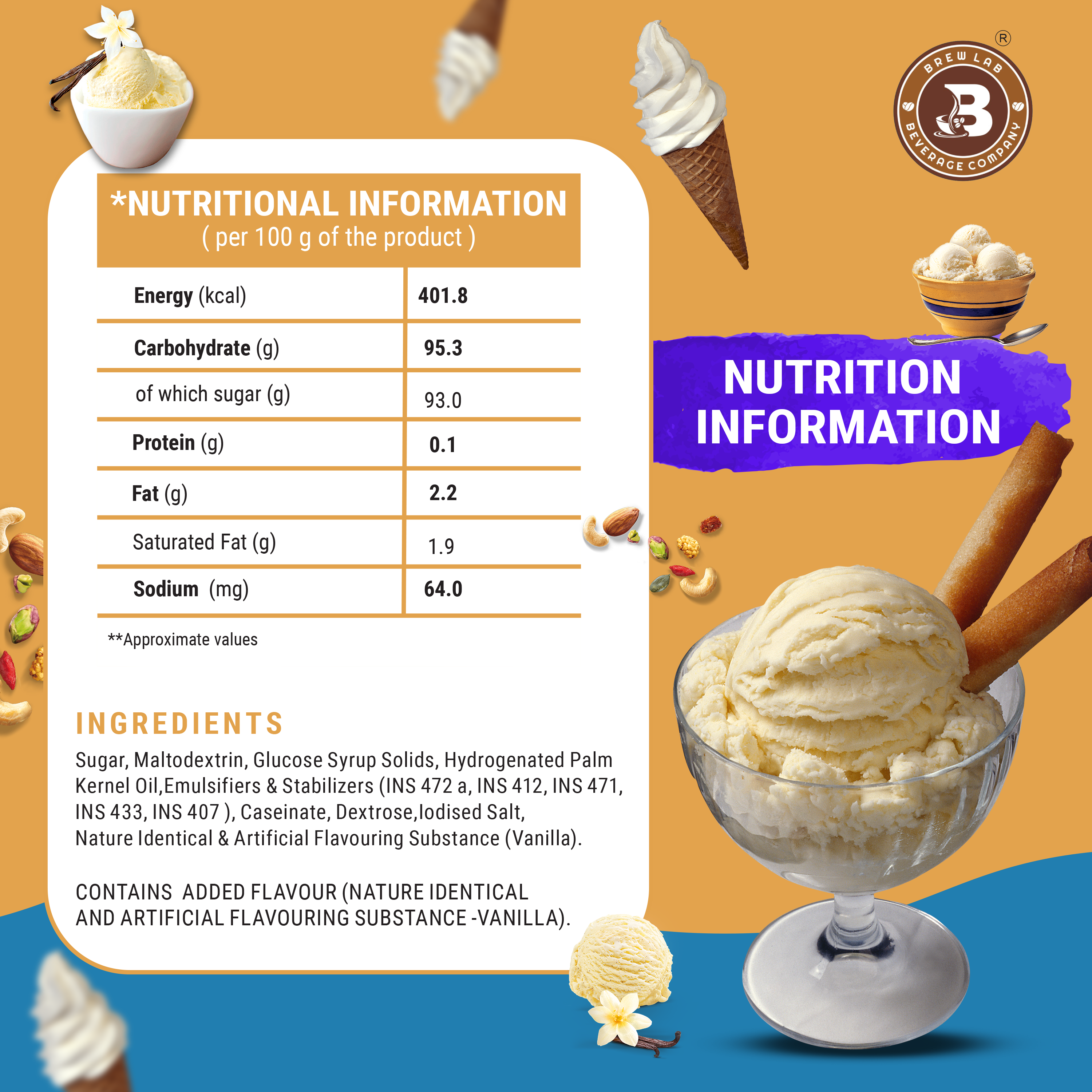 Brew Lab Instant Vanilla Freeze Ice cream Mix Powder | For Tasty & Delicious Ice Cream 100 g