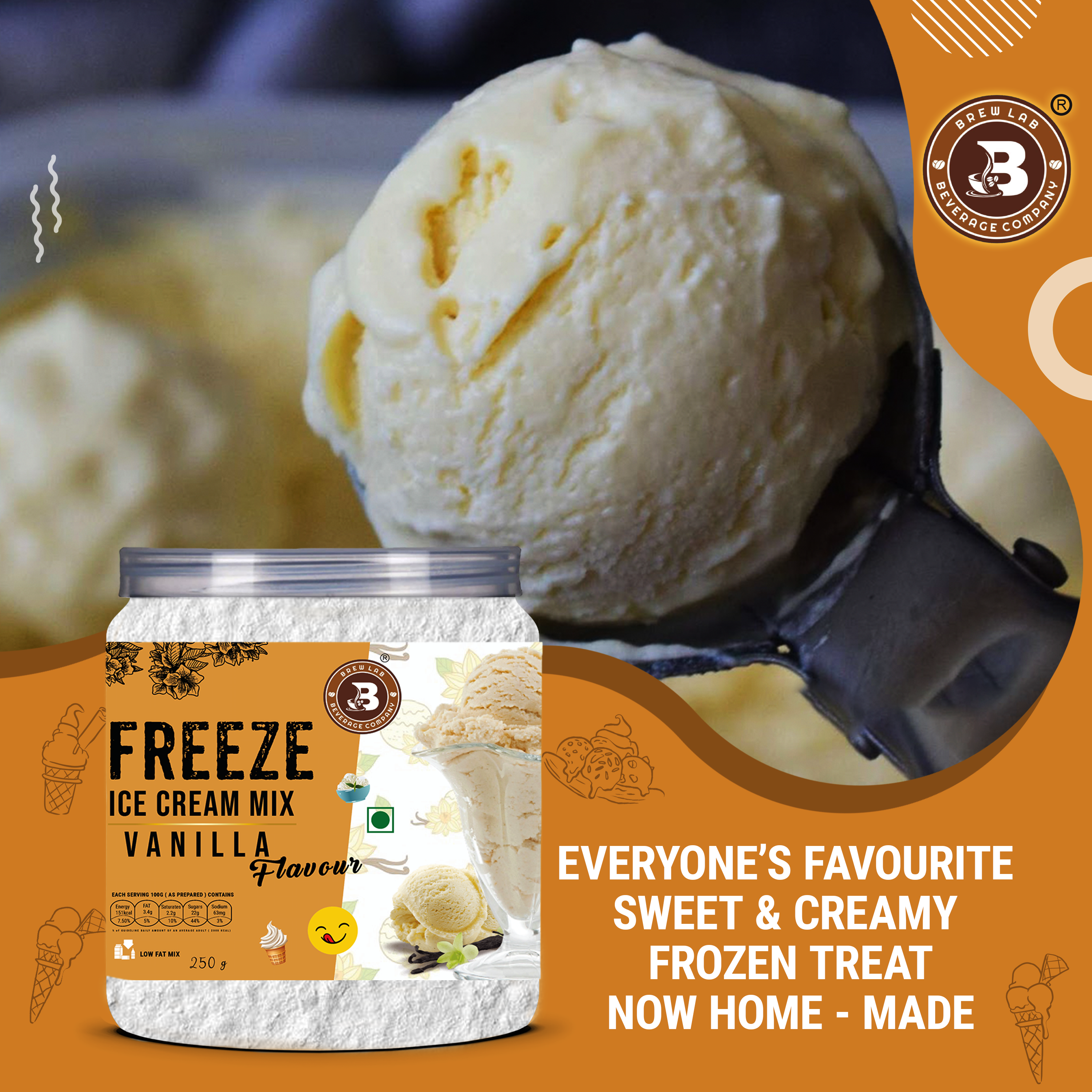 Brew Lab Instant Vanilla Freeze Ice cream Mix Powder | For Tasty & Delicious Ice Cream 100 g