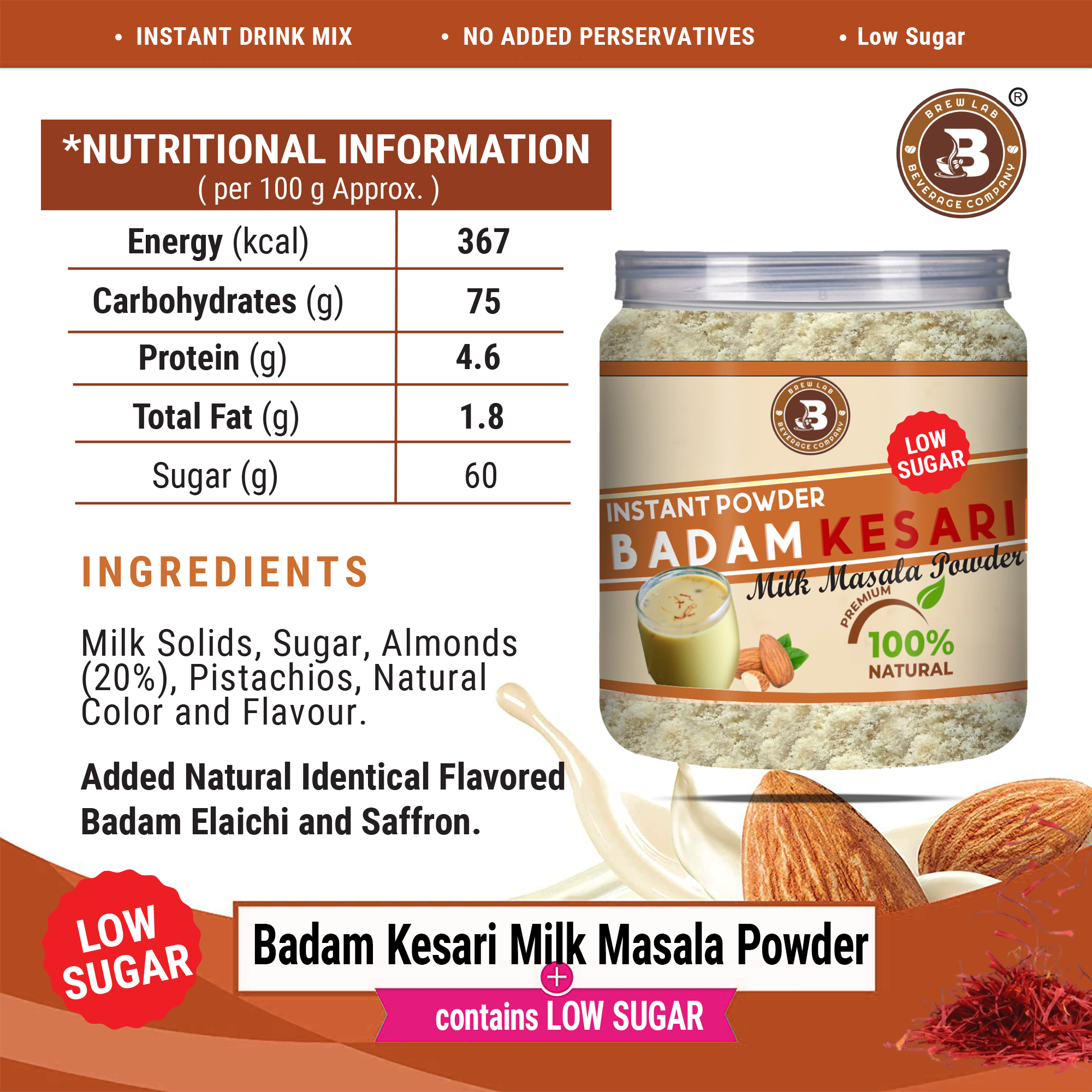 Brew Lab 100% Natural Badam Kesari Low Sugar Natural Taste & Flavor-250 g (250 g)