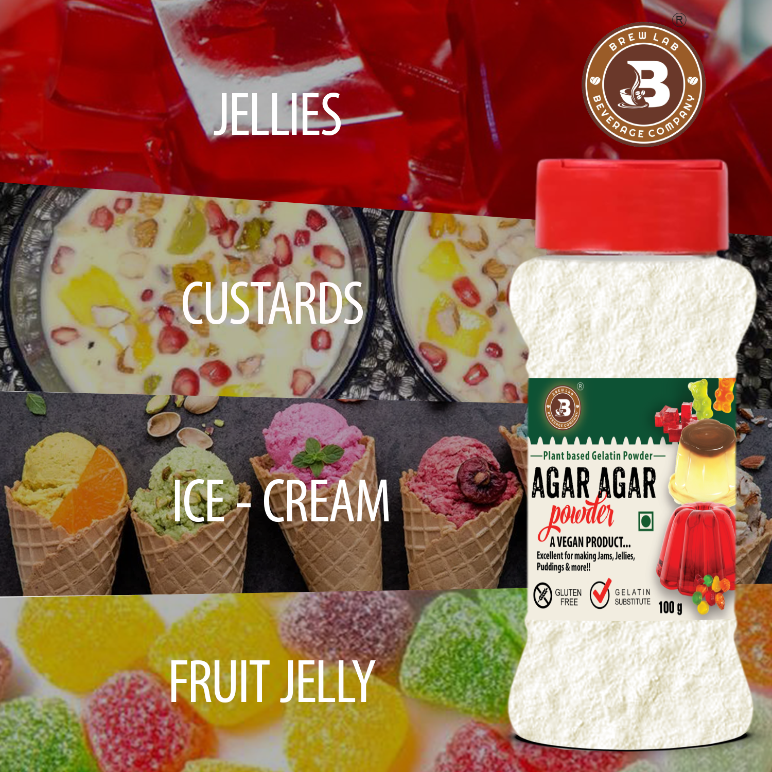 Brew Lab Agar Agar Powder | No Gelatin | Plant Based Product | 100% Vegetarian | Perfect For Desserts & Jelly making 100 g