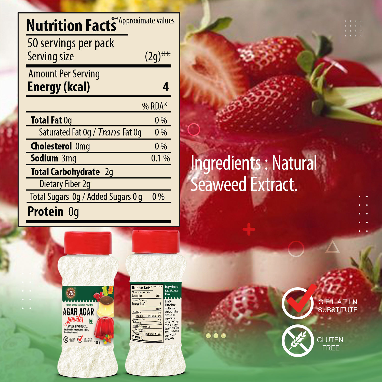 Brew Lab Agar Agar Powder | No Gelatin | Plant Based Product | 100% Vegetarian | Perfect For Desserts & Jelly making 100 g