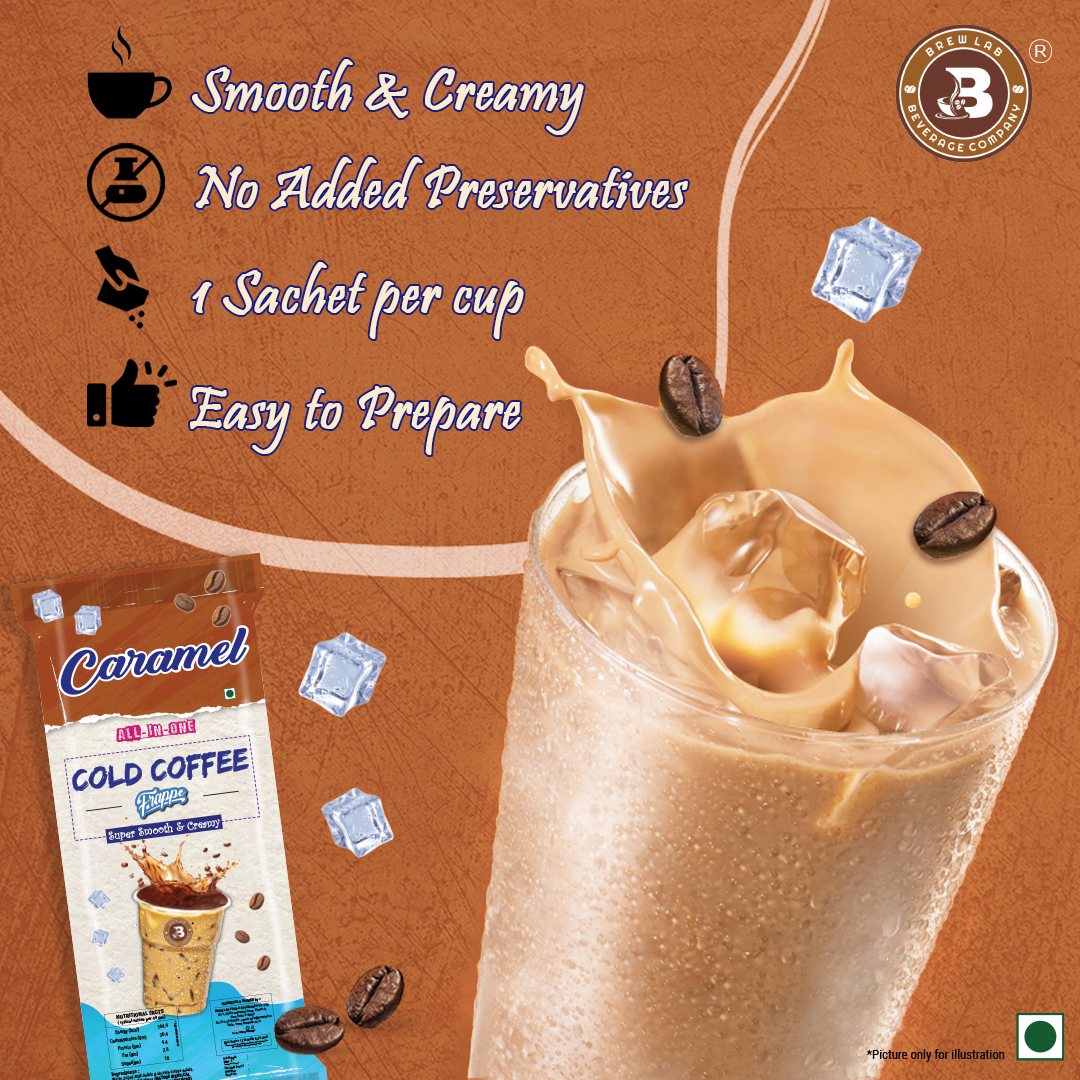 Brew Lab All-In-One Cold Coffee Frappe Powder Sachet | Five Different Assorted Flavor | 10 Sachets Box | 100% Arabica Coffee | Super Smooth And Creamy Coffee (Caramel)