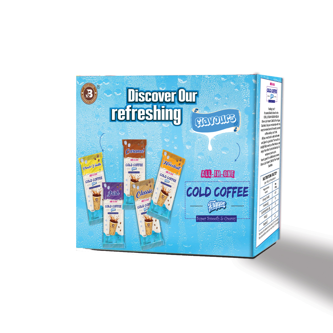 Brew Lab All-In-One Cold Coffee Frappe Powder Sachet | Five Different Assorted Flavor | 10 Sachets Box | 100% Arabica Coffee | Super Smooth And Creamy Coffee (Classic)