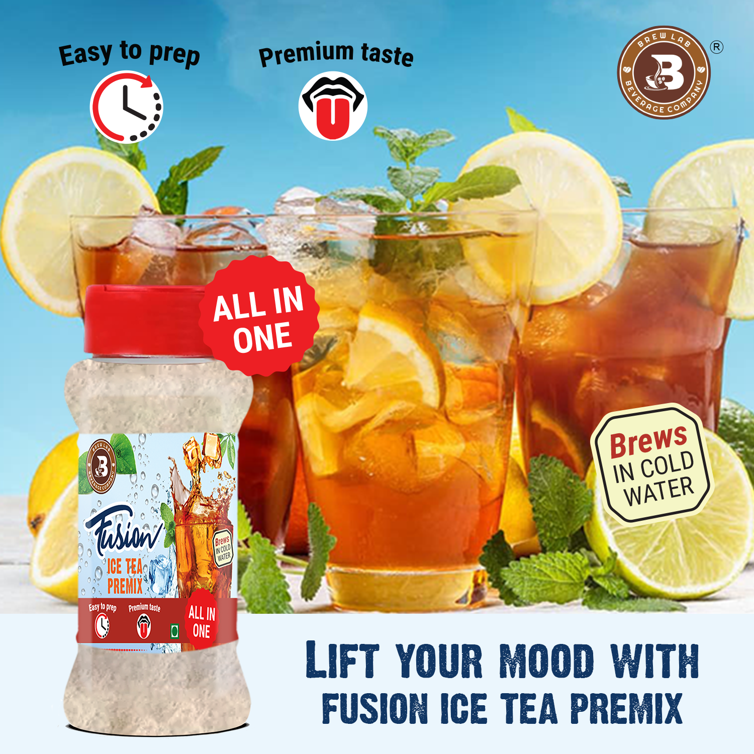 Brew Lab All In One Premium Taste Fusion Ice Tea Premix | Boost Your Antioxidants Iced Tea Plastic Bottle (100 g)