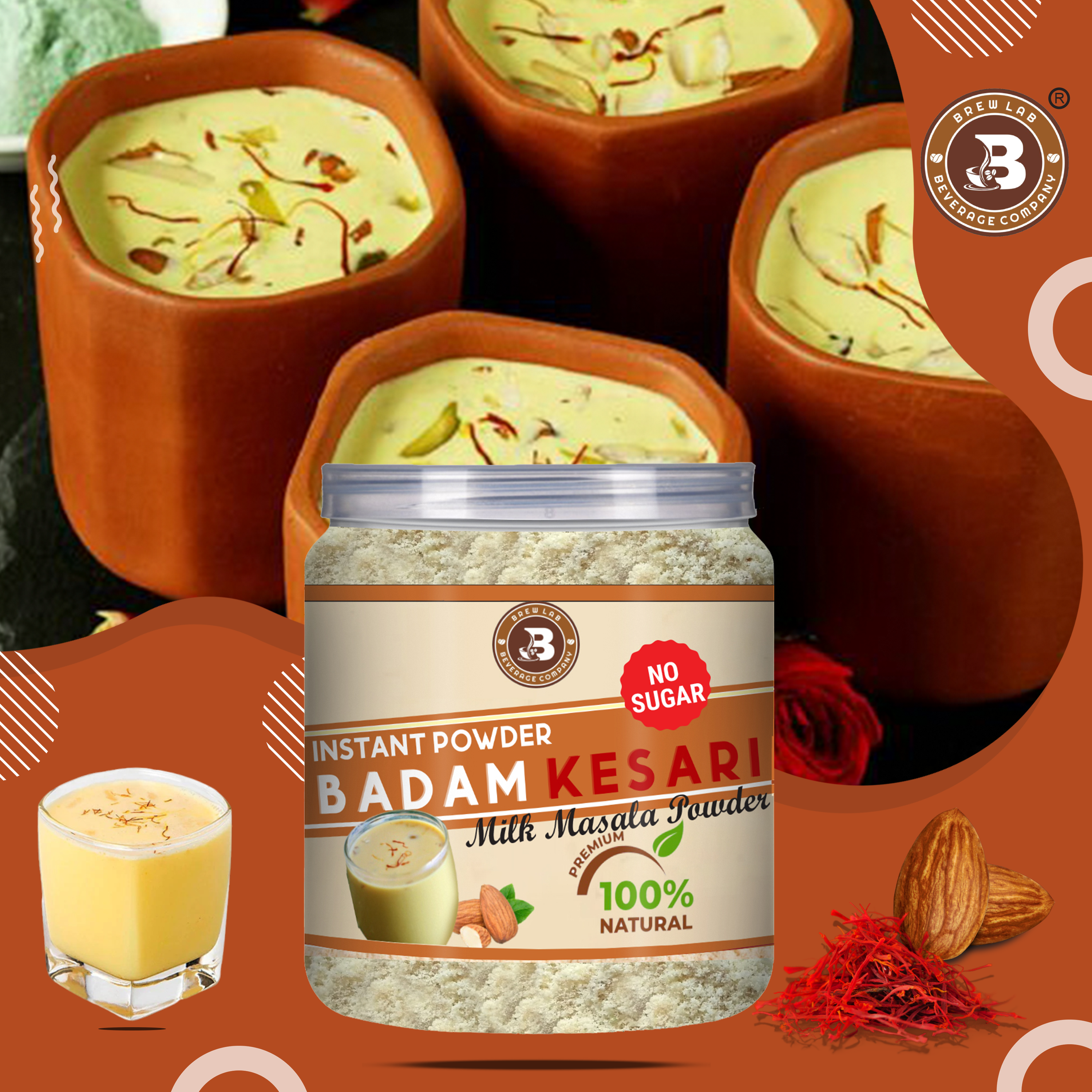 Brew Lab Badam Kesari No Sugar Milk Masala Powder | With Real Almonds & Kesar For Badam Milkshake Flavored Milk Powder (250 g)
