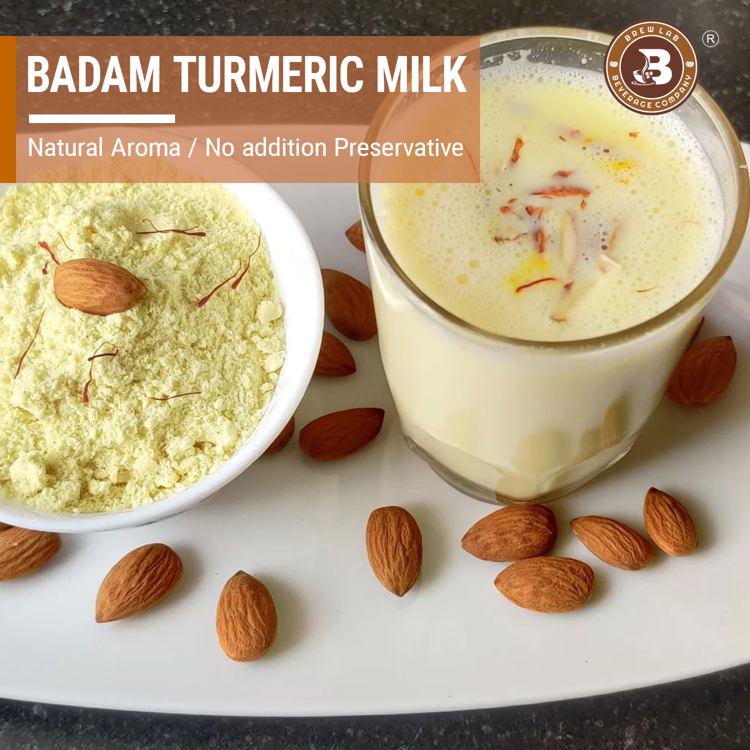 Brew Lab Badam Milk Turmeric Powder | Goodness Of Almond & Turmeric | Natural Aroma | Improves Immune System | Good For Brain (100 g)