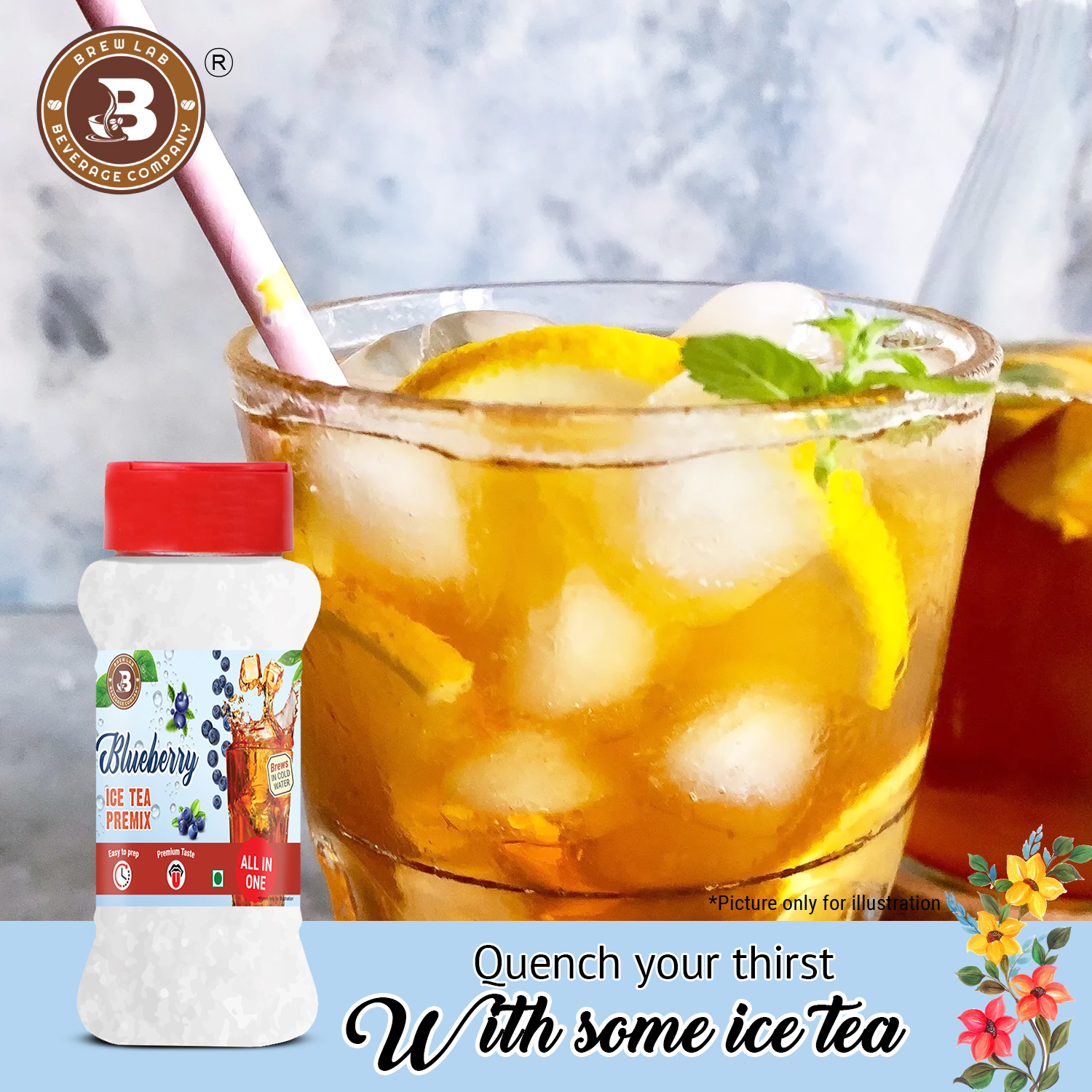 Brew Lab Blueberry Ice Tea Premix-100 gm | Instant Drink Mix Natural Blue Berry Flavor Easy To Use Blueberry Tea Plastic Bottle (100 g)