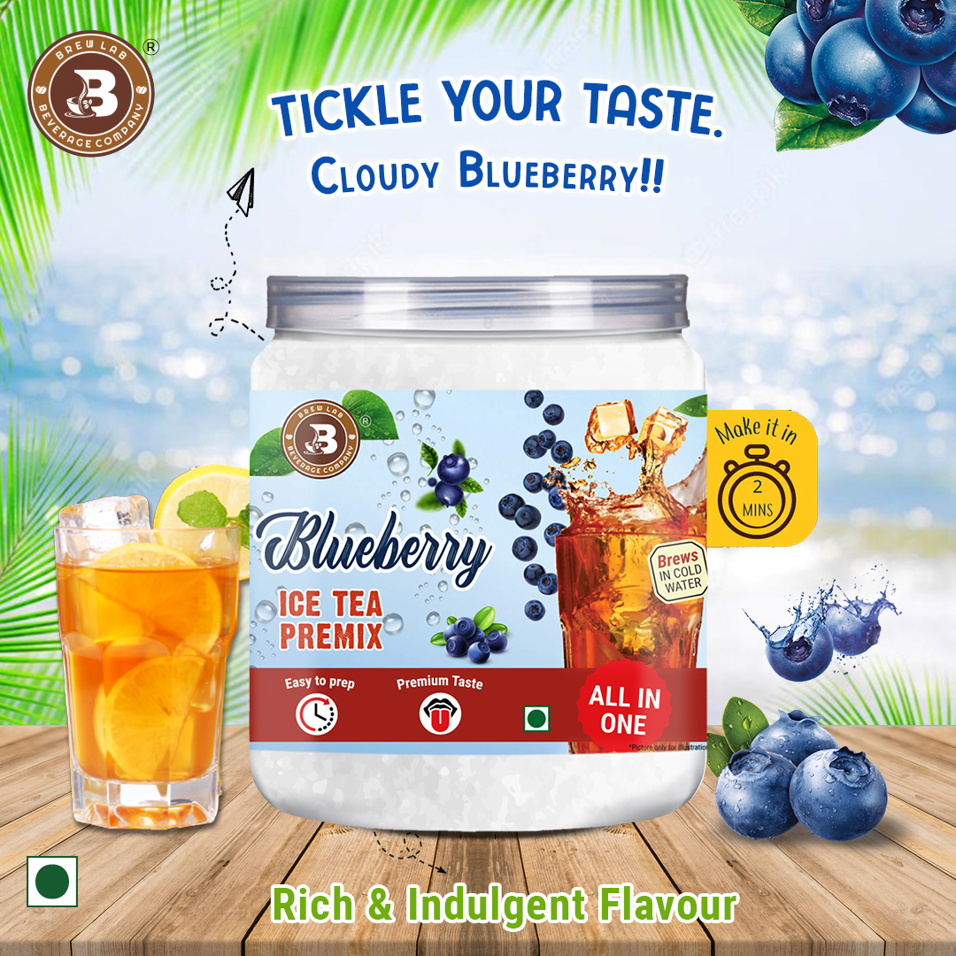 Brew Lab Blueberry Ice Tea Premix-100 gm | Instant Drink Mix Natural Blue Berry Flavor Easy To Use Blueberry Tea Plastic Bottle (100 g)