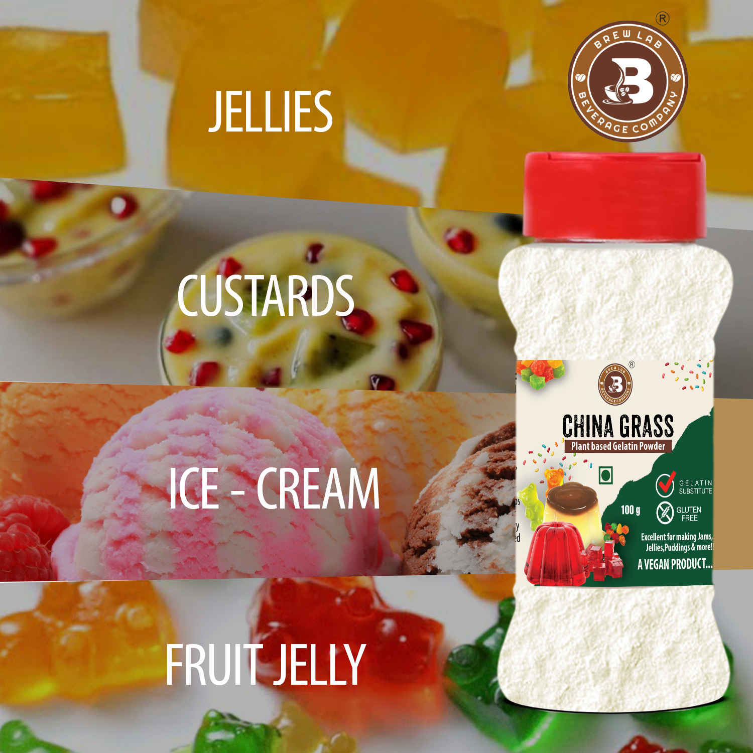 Brew Lab China Grass Vegan Gelatin Alternative | Plant-Based | Perfect for Making Jelly China Grass Powder(100gm)