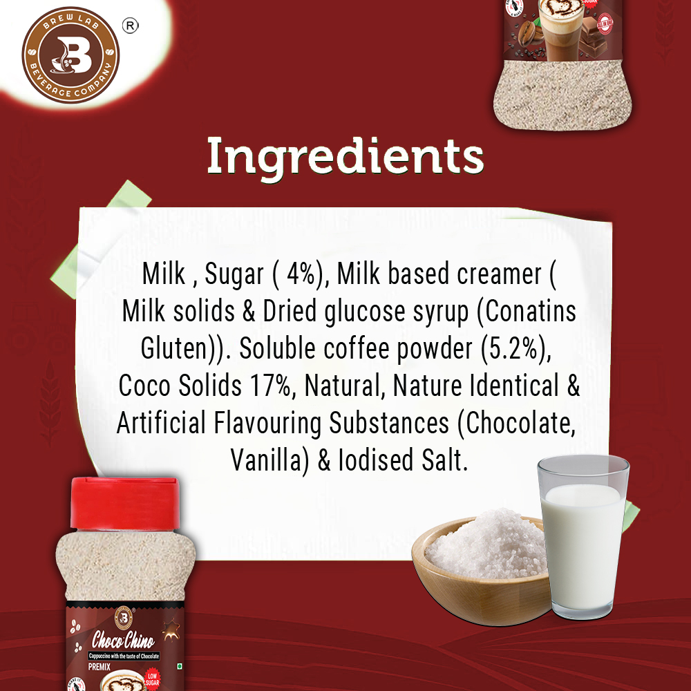 Brew Lab ChocoChino Premix Low Sugar | Blend Of Chocolate | Instant Coffee (100 g, Chocolate Flavoured)
