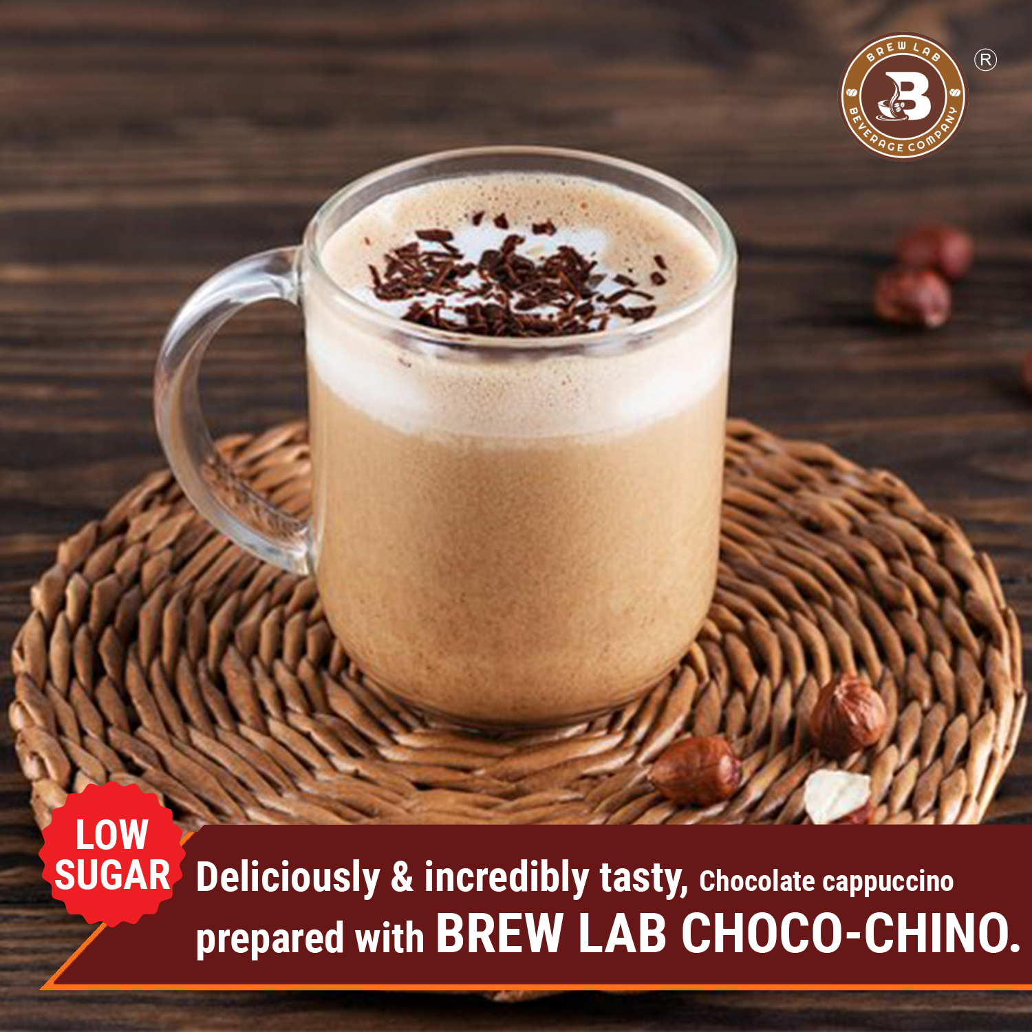 Brew Lab ChocoChino Premix Low Sugar | Blend Of Chocolate | Instant Coffee (100 g, Chocolate Flavoured)