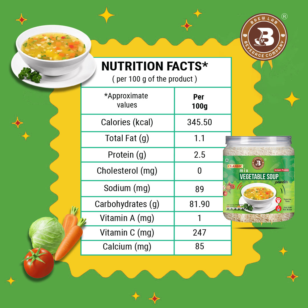 Brew Lab Classic Mix Vegetable Soup Powder | Rich Source of Fluids | Suitable For Vending Machines | Healthy & Tasty | (250gm)