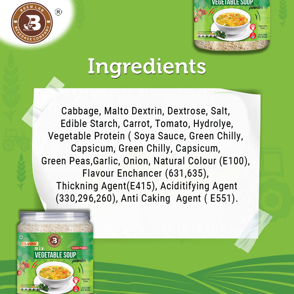 Brew Lab Classic Mix Vegetable Soup Powder | Rich Source of Fluids | Suitable For Vending Machines | Healthy & Tasty | (250gm)