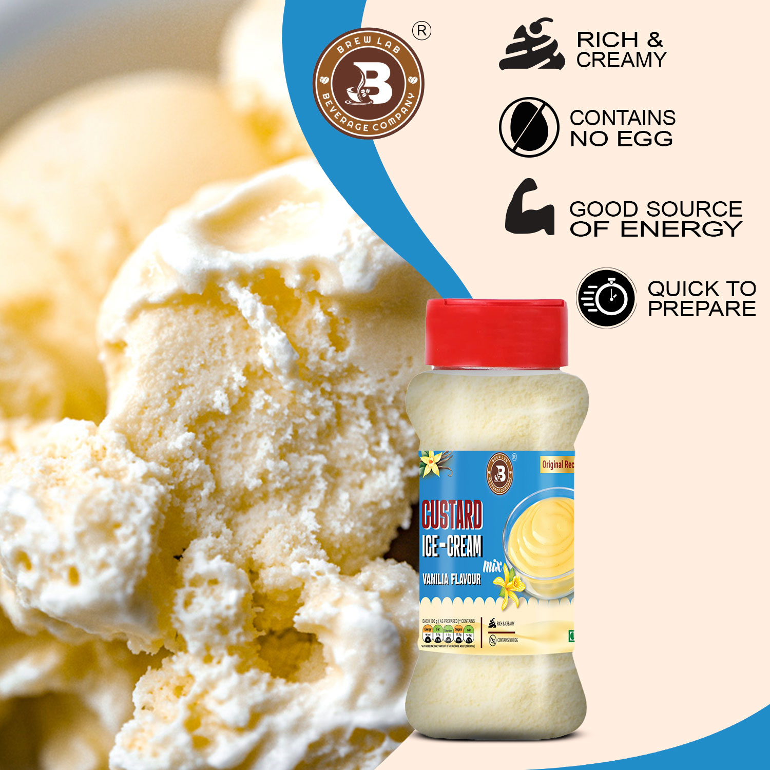 Brew Lab Custard Ice Cream Mix Vanilla | Tasty Vanilla Flavor | Quick To Prepare | 100 g