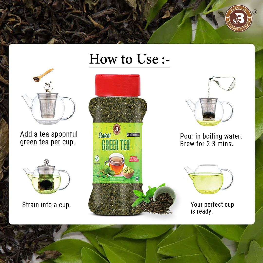 Brew Lab Elaichi Green Tea Leaves | 0% Bitterness Real Herbs | Real Elaichi Flavours | Cardamom Green Tea Plastic Bottle (100 g)