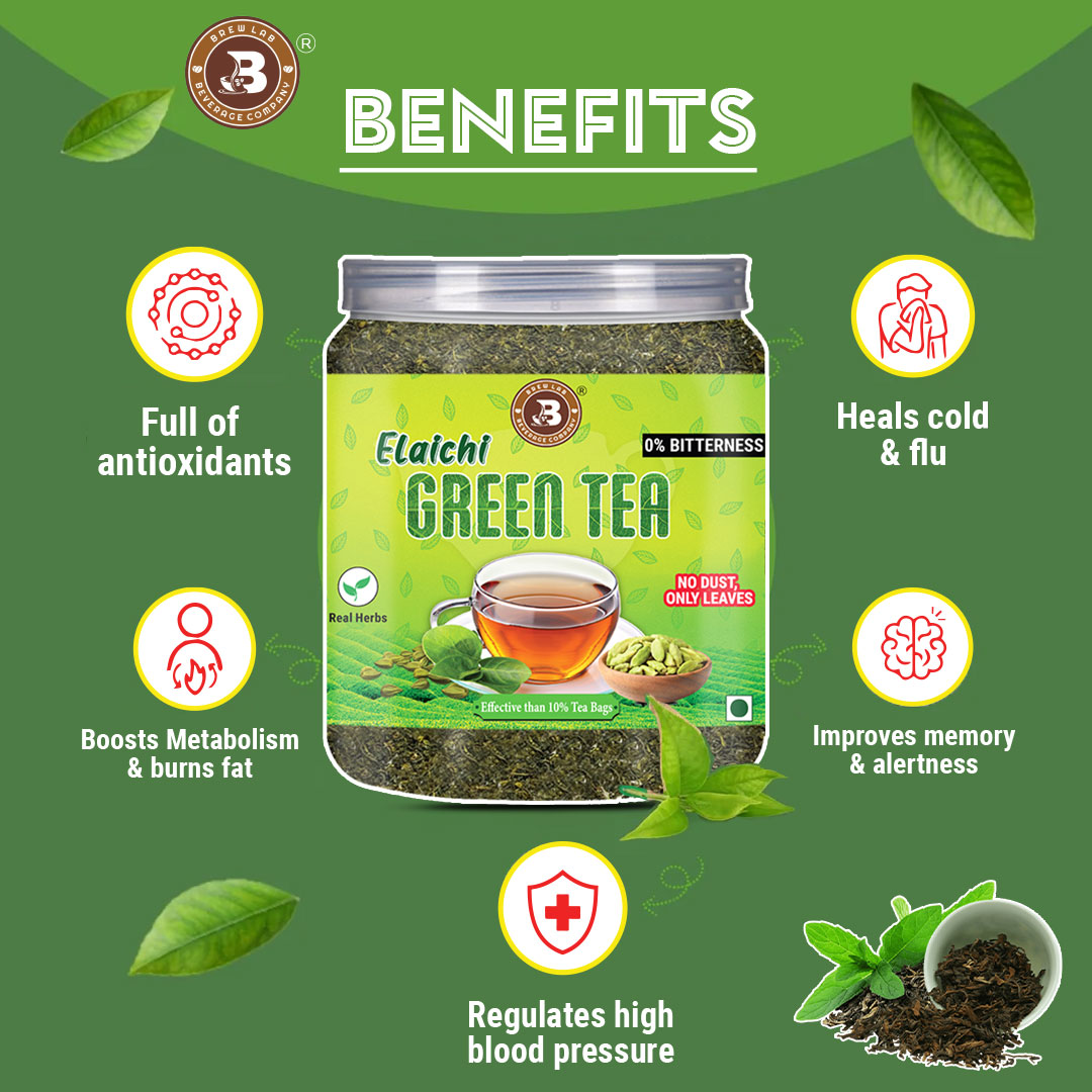 Brew Lab Elaichi Green Tea Leaves | 0% Bitterness Real Herbs | Real Elaichi Flavours | Cardamom Green Tea Plastic Bottle (100 g)