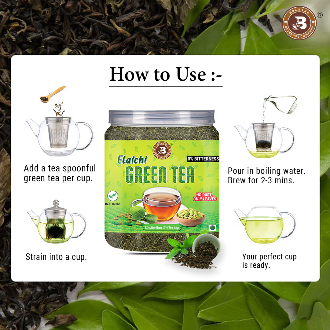 Brew Lab Elaichi Green Tea Leaves | 0% Bitterness Real Herbs | Real Elaichi Flavours | Cardamom Green Tea Plastic Bottle (100 g)