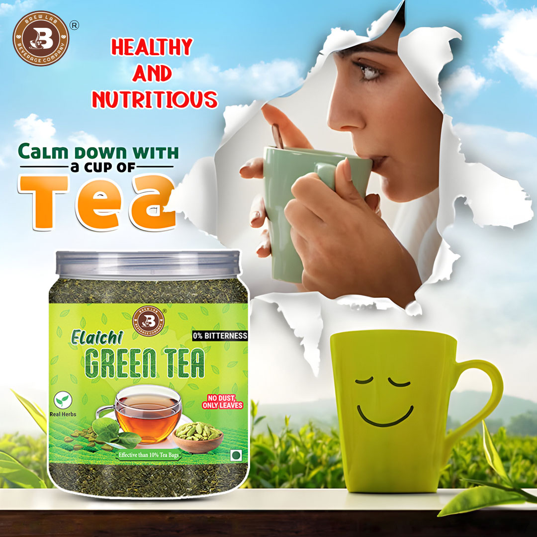 Brew Lab Elaichi Green Tea Leaves | 0% Bitterness Real Herbs | Real Elaichi Flavours | Cardamom Green Tea Plastic Bottle (100 g)
