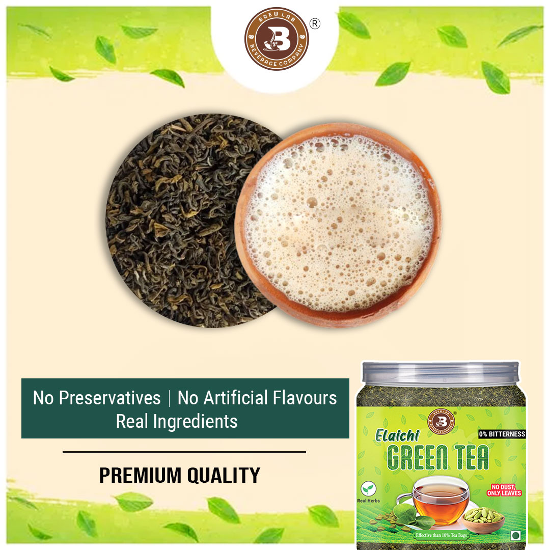 Brew Lab Elaichi Green Tea Leaves | 0% Bitterness Real Herbs | Real Elaichi Flavours | Cardamom Green Tea Plastic Bottle (100 g)