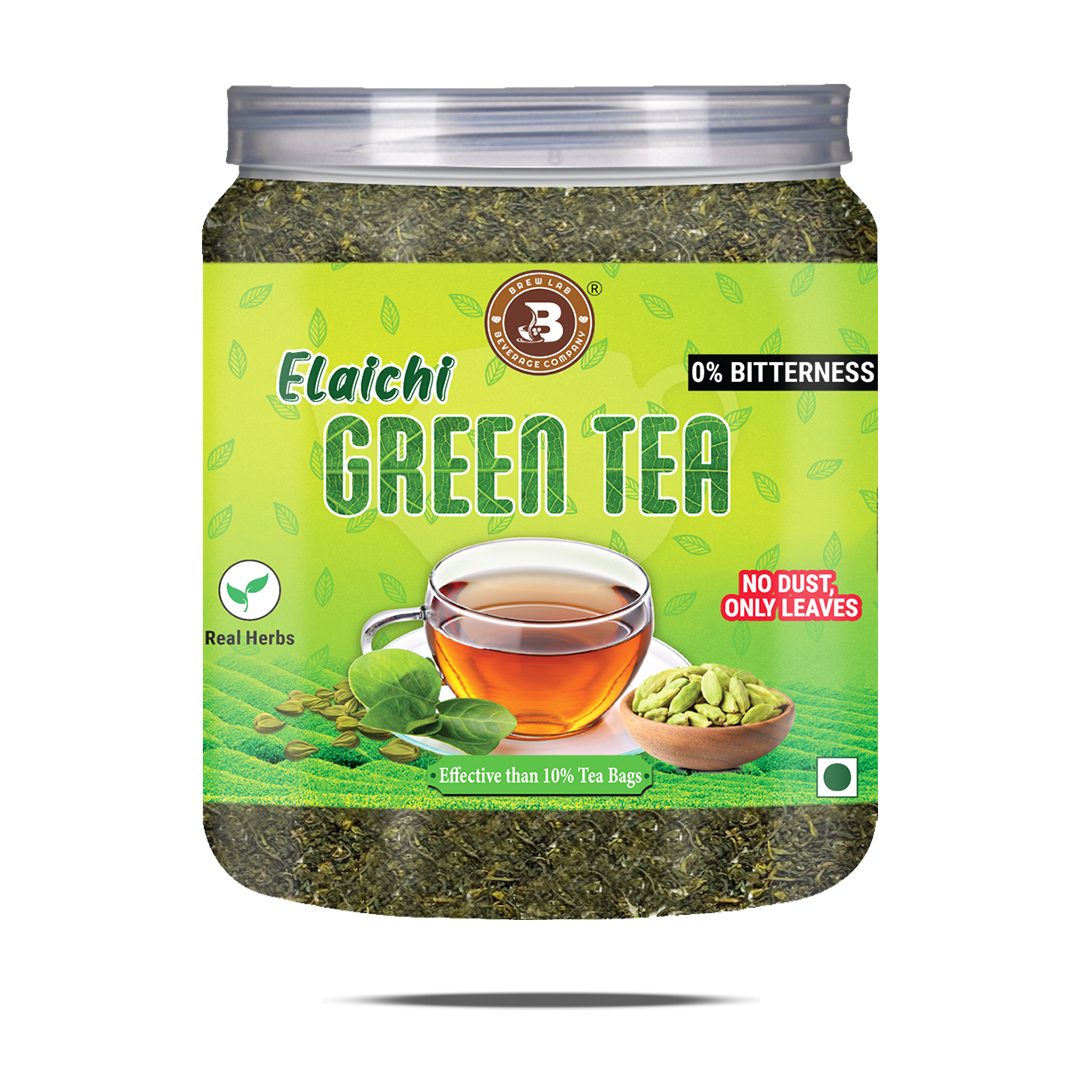 Brew Lab Elaichi Green Tea Leaves | 0% Bitterness Real Herbs | Real Elaichi Flavours | Cardamom Green Tea Plastic Bottle (100 g)