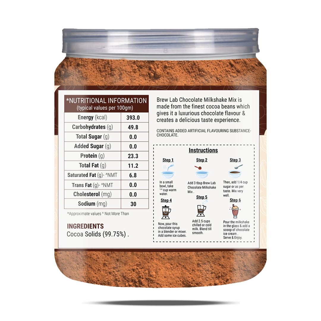 Brew Lab Healthy & Delicious Chocolate Milk Shake Mix || Chocolate Drink Mix Cocoa Powder || 250 g