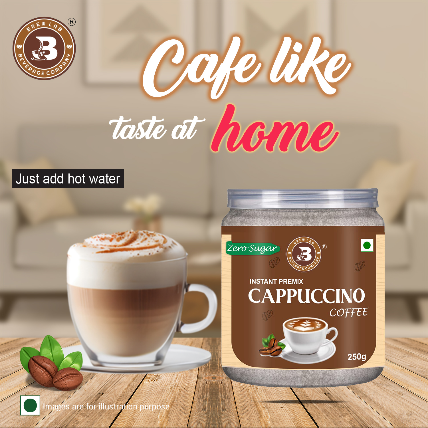 Brew Lab instant Cappuccino Coffee Premix with Zero Sugar| 3 Steps Preparations- No Equipment 250g Instant Coffee (250 g)