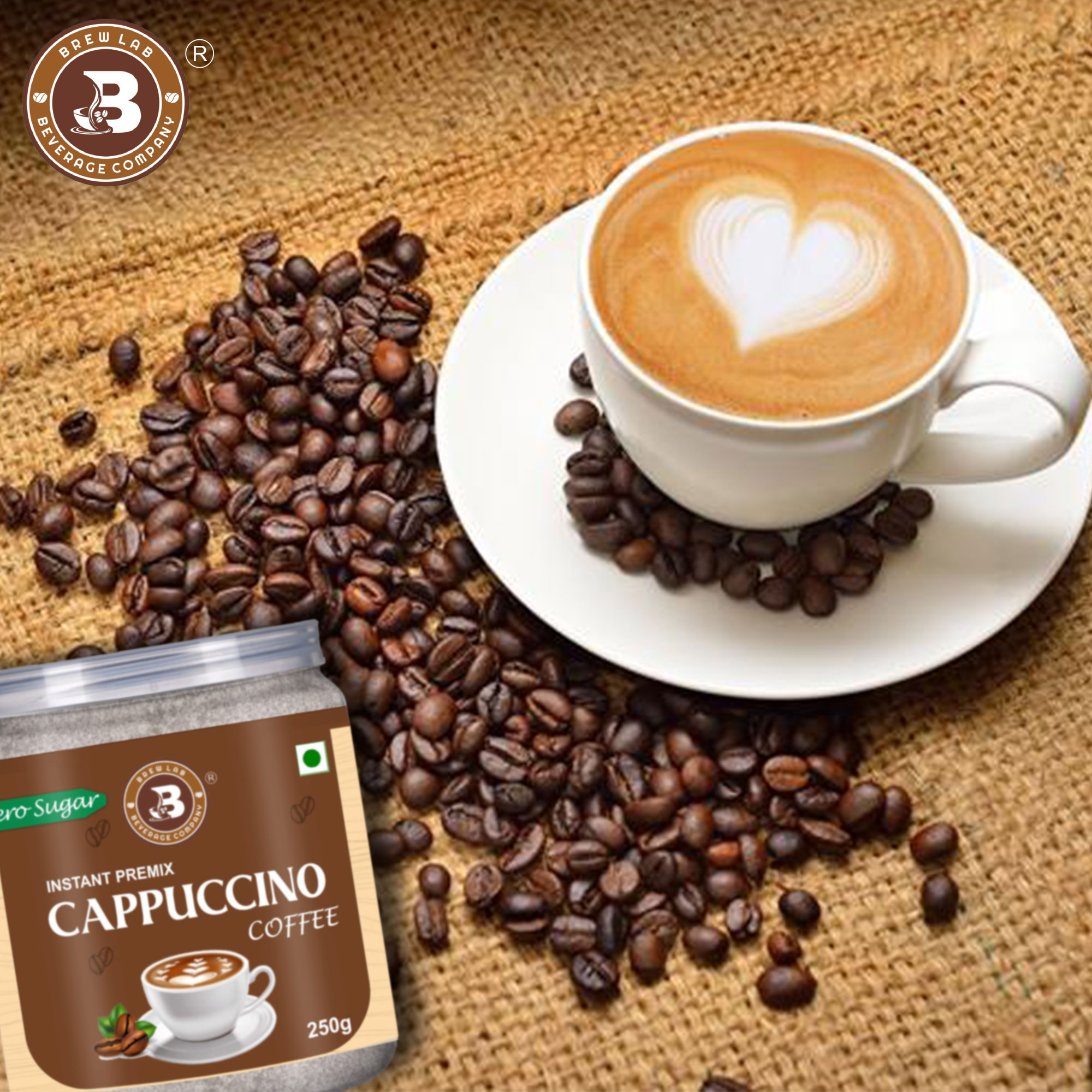 Brew Lab instant Cappuccino Coffee Premix with Zero Sugar| 3 Steps Preparations- No Equipment 250g Instant Coffee (250 g)