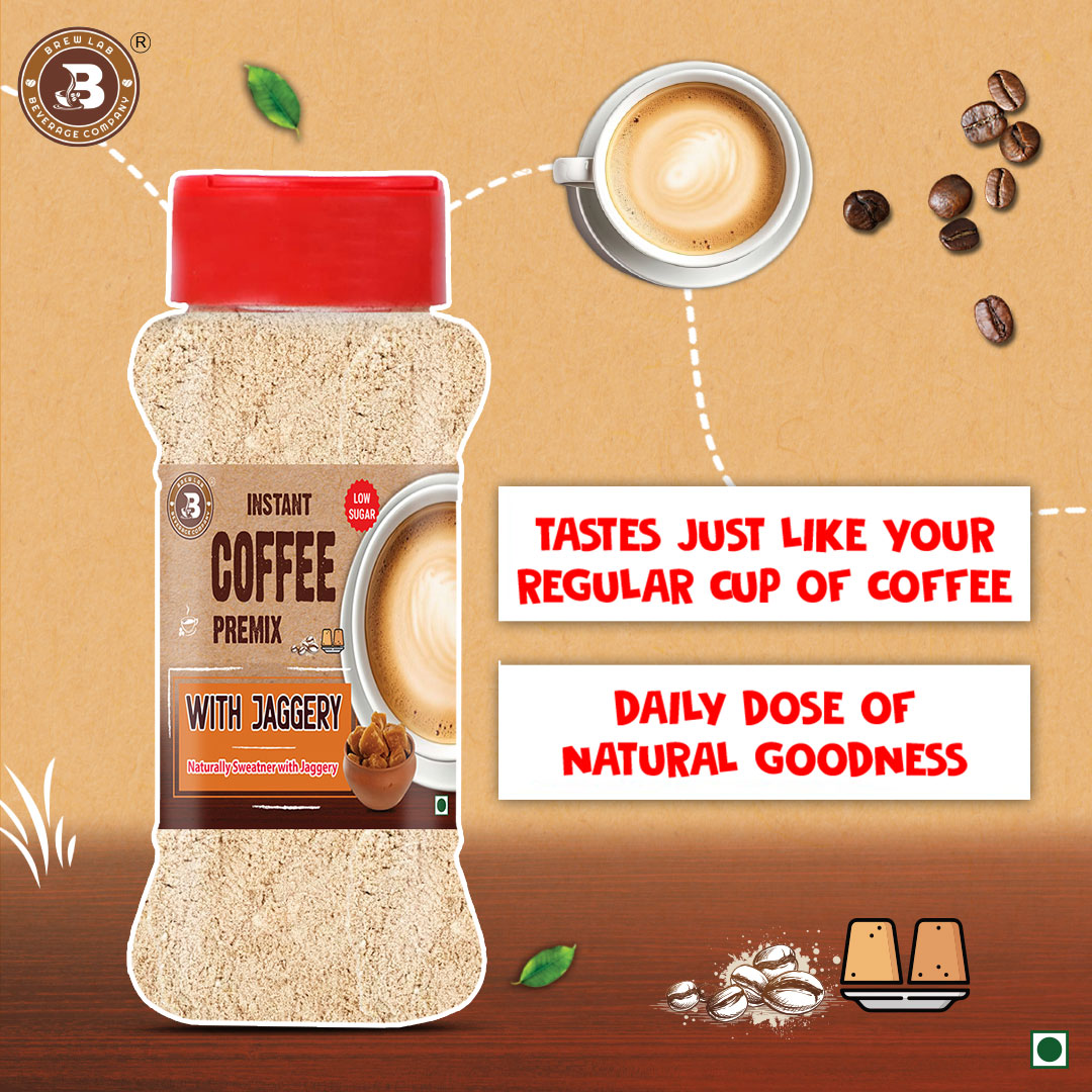 Brew Lab Instant Coffee Premix Low Sugar With Jaggery | Naturally Sweatner With Jaggery | Instant Coffee (100 g)