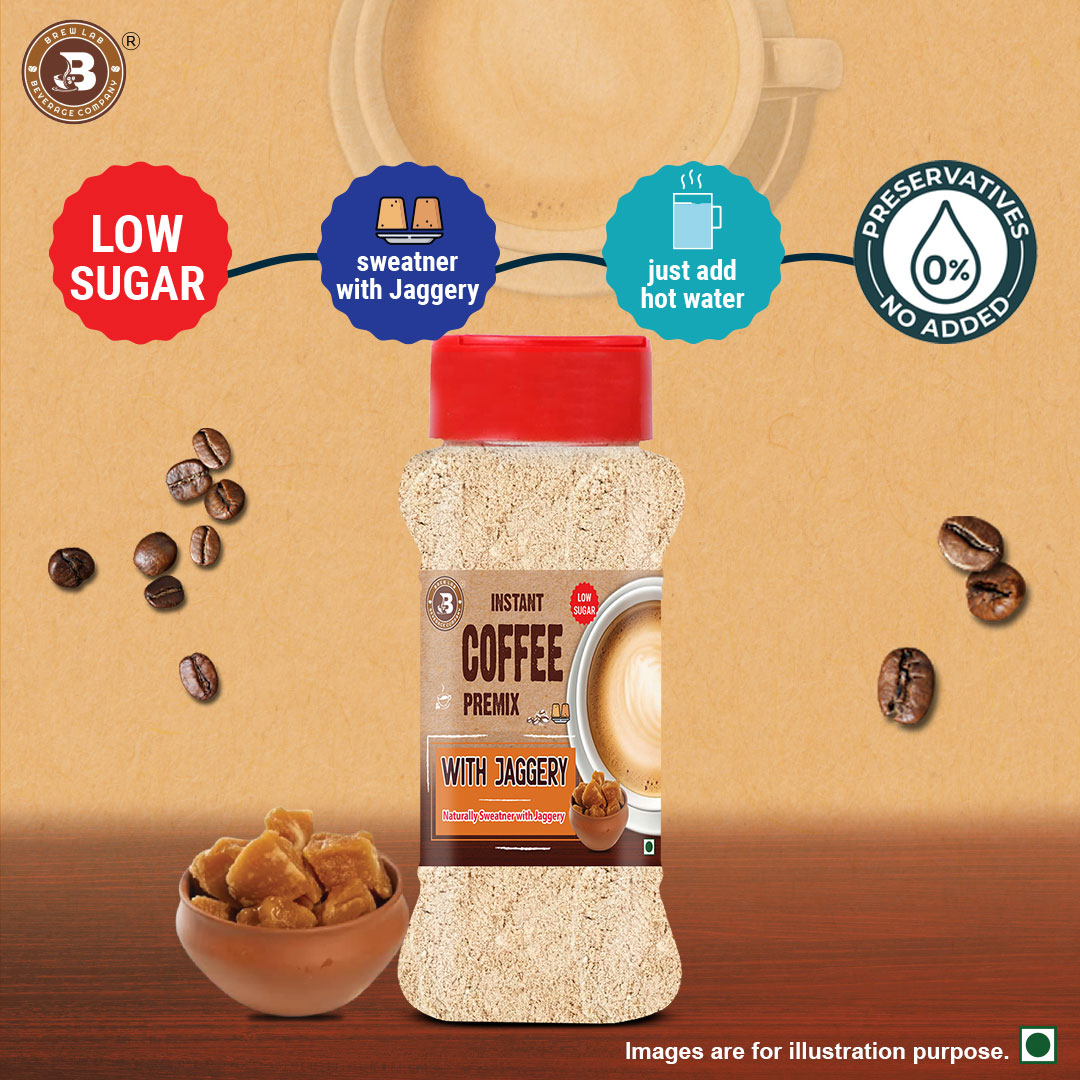 Brew Lab Instant Coffee Premix Low Sugar With Jaggery | Naturally Sweatner With Jaggery | Instant Coffee (100 g)