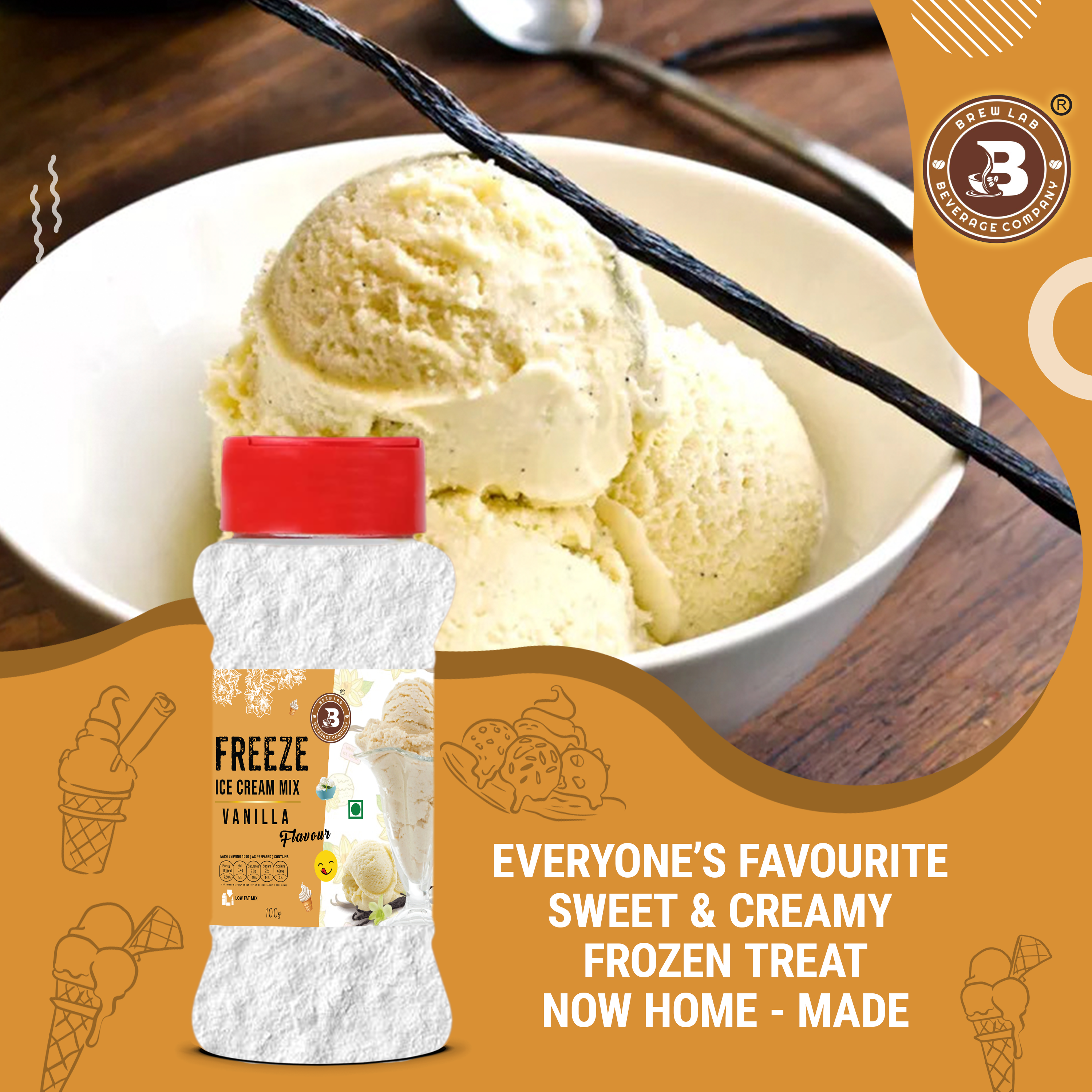 Brew Lab Instant Vanilla Freeze Ice cream Mix Powder | For Tasty & Delicious Ice Cream 100 g