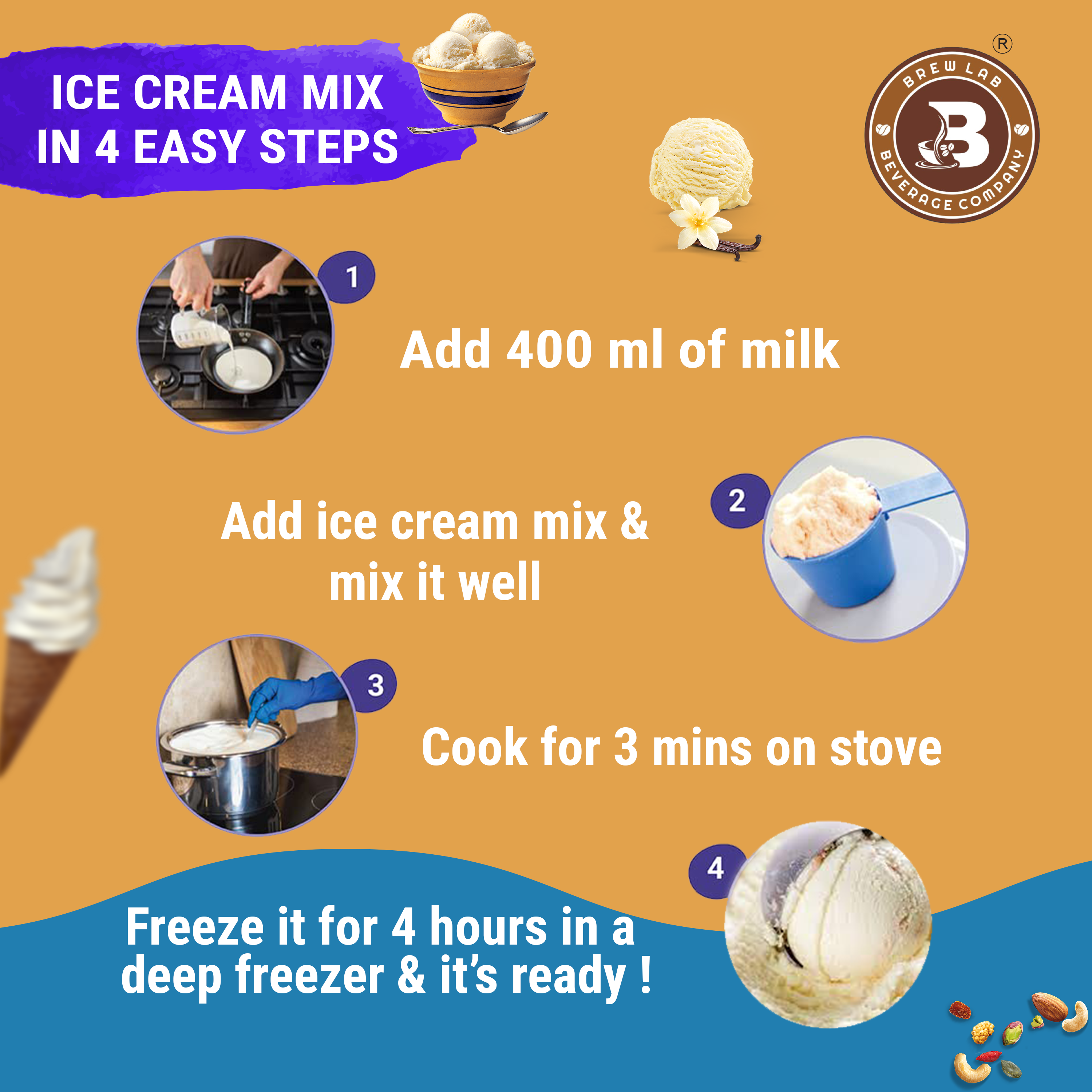 Brew Lab Instant Vanilla Freeze Ice cream Mix Powder | For Tasty & Delicious Ice Cream 100 g