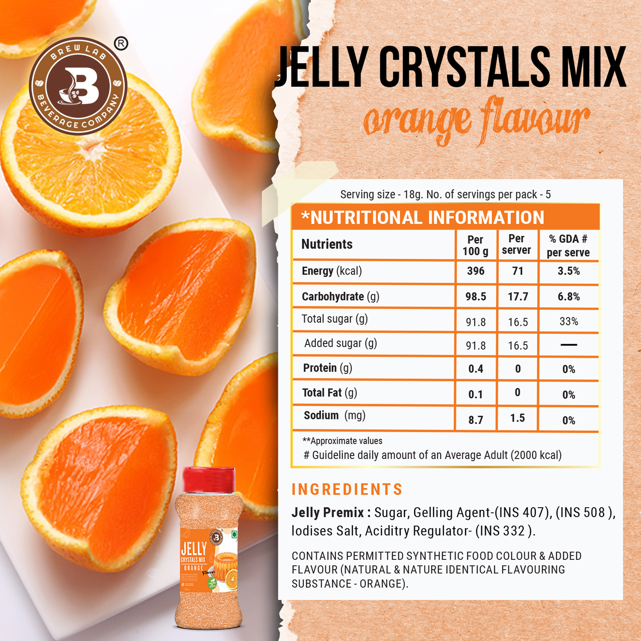 Brew Lab Jelly Crystals Mix Powder For Making Jelly - Orange Flavor | Easy To Make | Ready To Eat | No Gelatin - 100 Gm