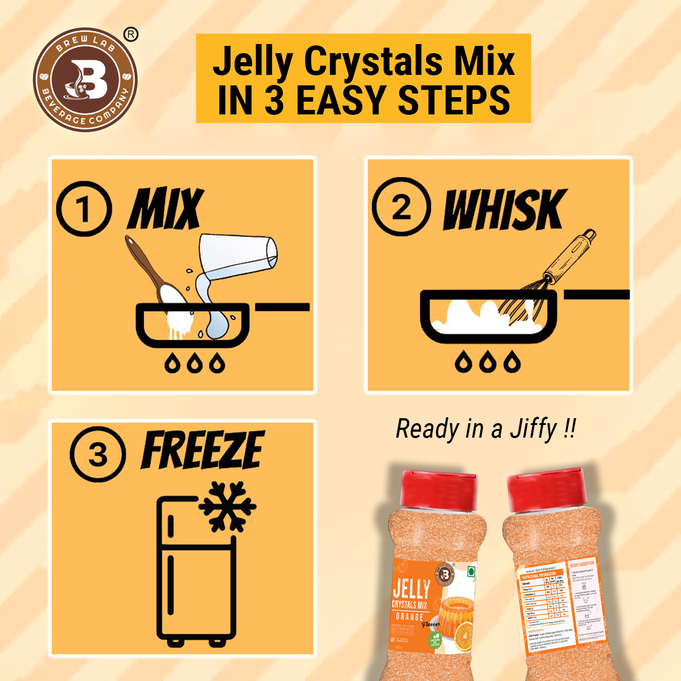 Brew Lab Jelly Crystals Mix Powder For Making Jelly - Orange Flavor | Easy To Make | Ready To Eat | No Gelatin - 100 Gm