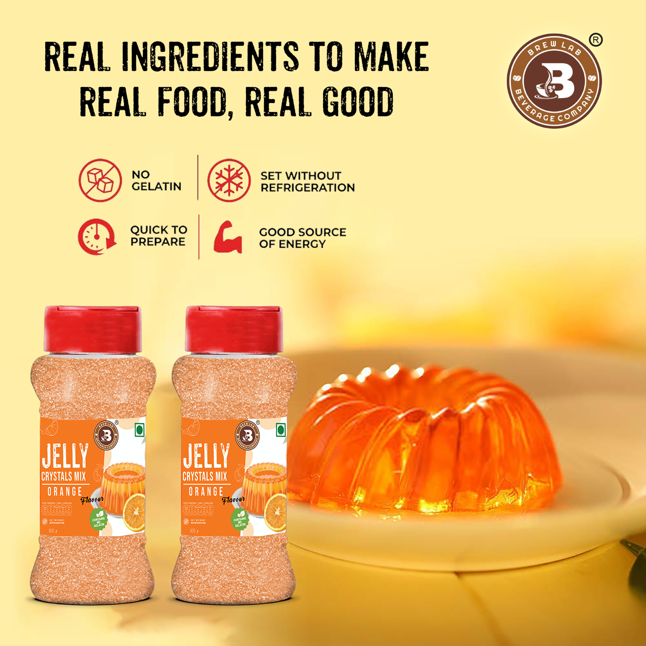 Brew Lab Jelly Crystals Mix Powder For Making Jelly - Orange Flavor | Easy To Make | Ready To Eat | No Gelatin - 100 Gm