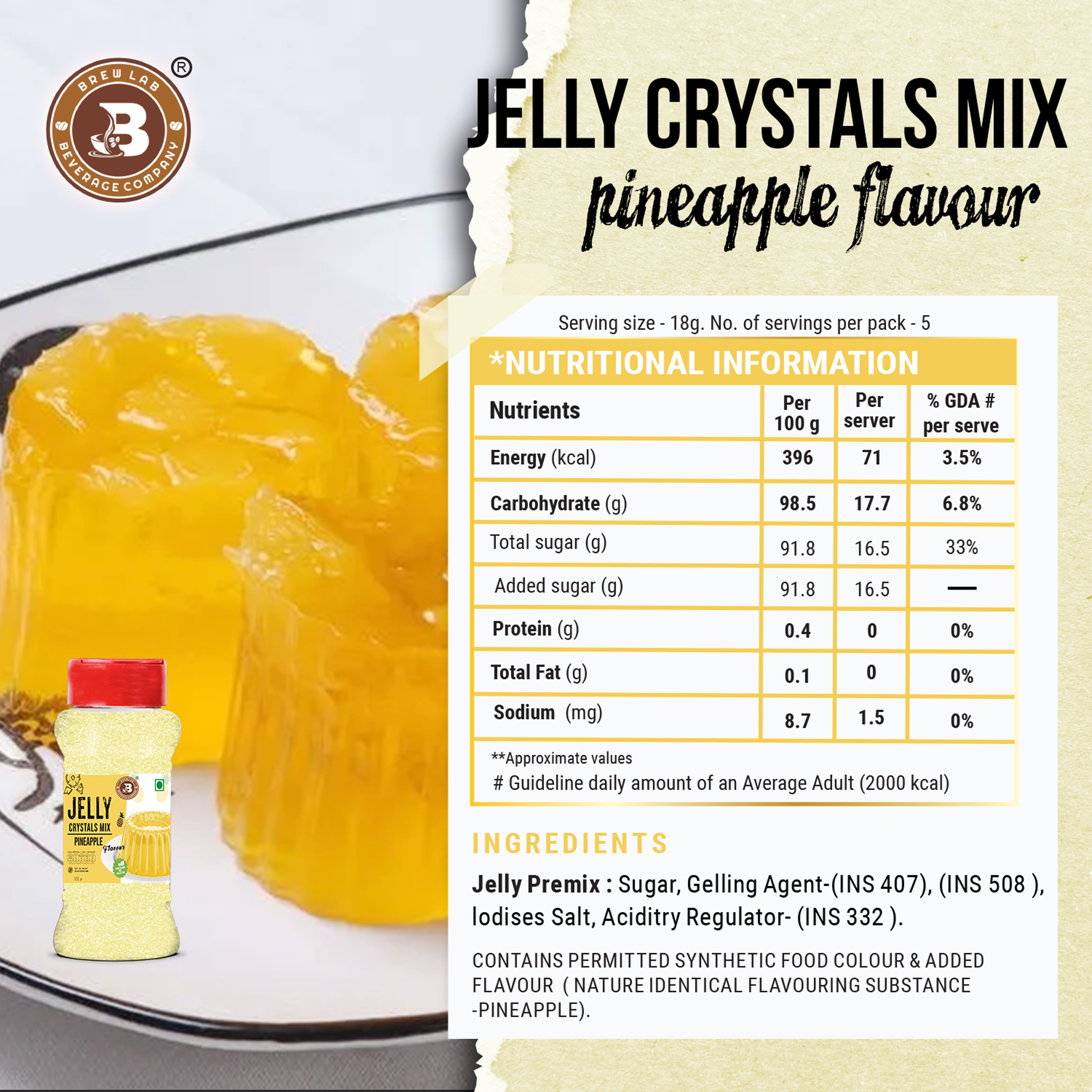Brew Lab Jelly Crystals Mix Powder For Making Jelly - Pineapple Flavor | Easy To Make | Ready To Eat | No Gelatin - 100 Gm