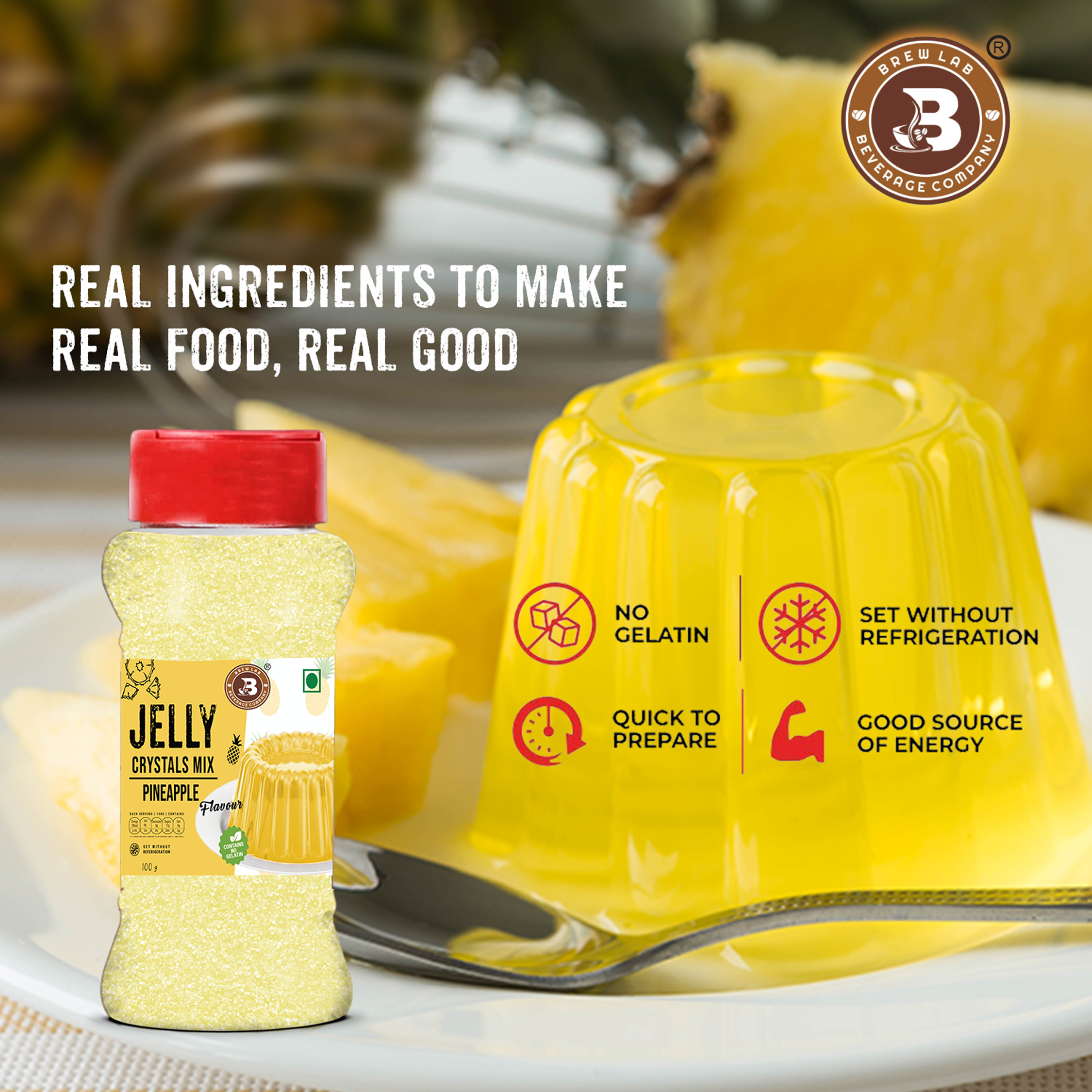 Brew Lab Jelly Crystals Mix Powder For Making Jelly - Pineapple Flavor | Easy To Make | Ready To Eat | No Gelatin - 100 Gm