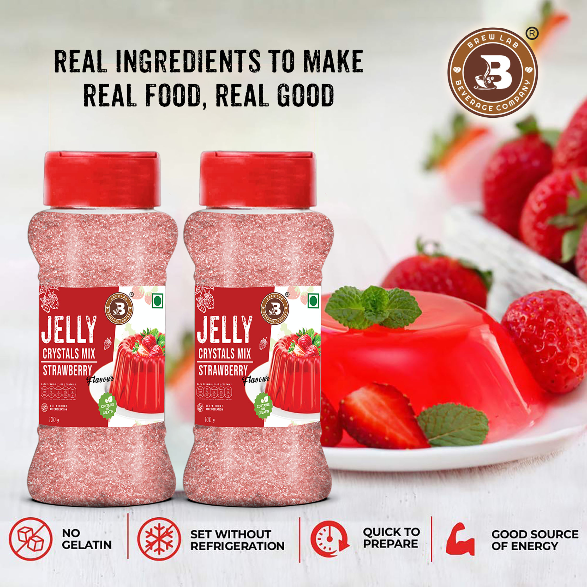 Brew Lab Jelly Crystals Mix Powder For Making Jelly - Strawberry Flavor | Easy To Make | Ready To Eat | No Gelatin - 100 Gm